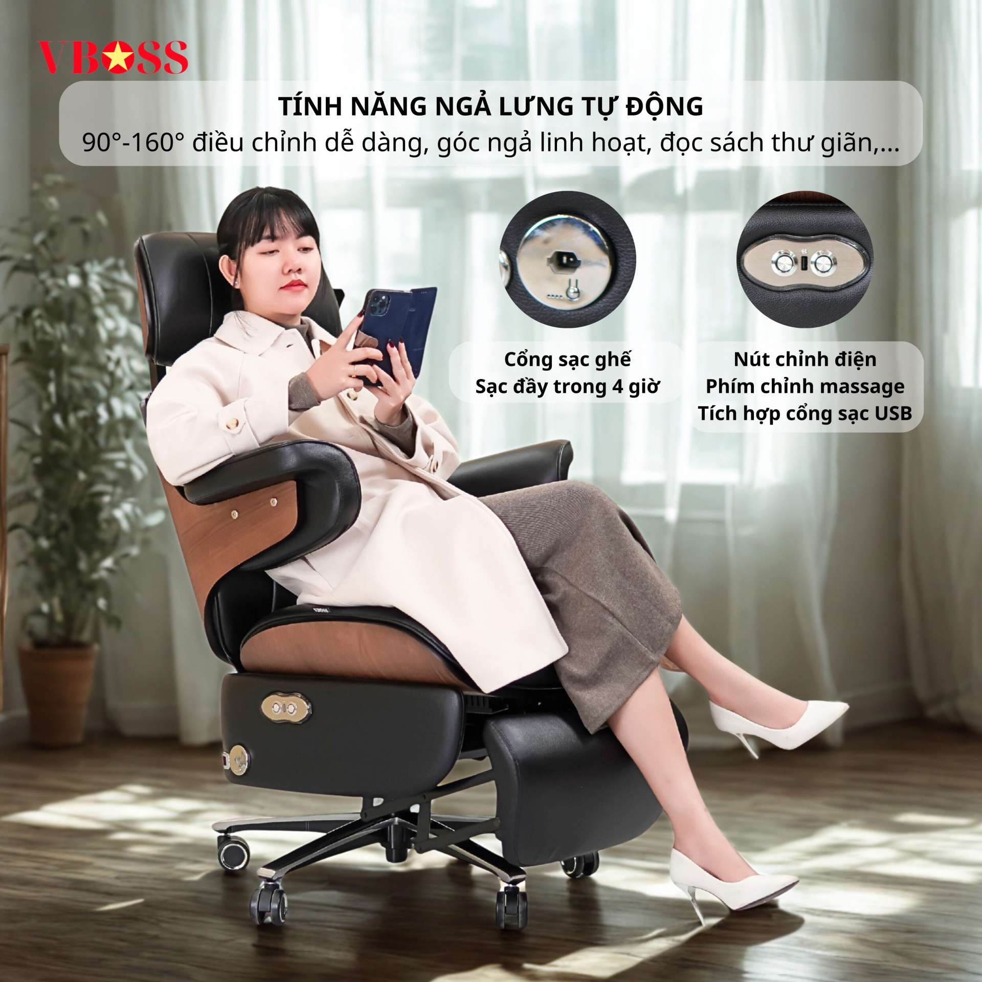 Ghế Chủ Tịch Massage da bò chỉnh điện VBOSS - V22