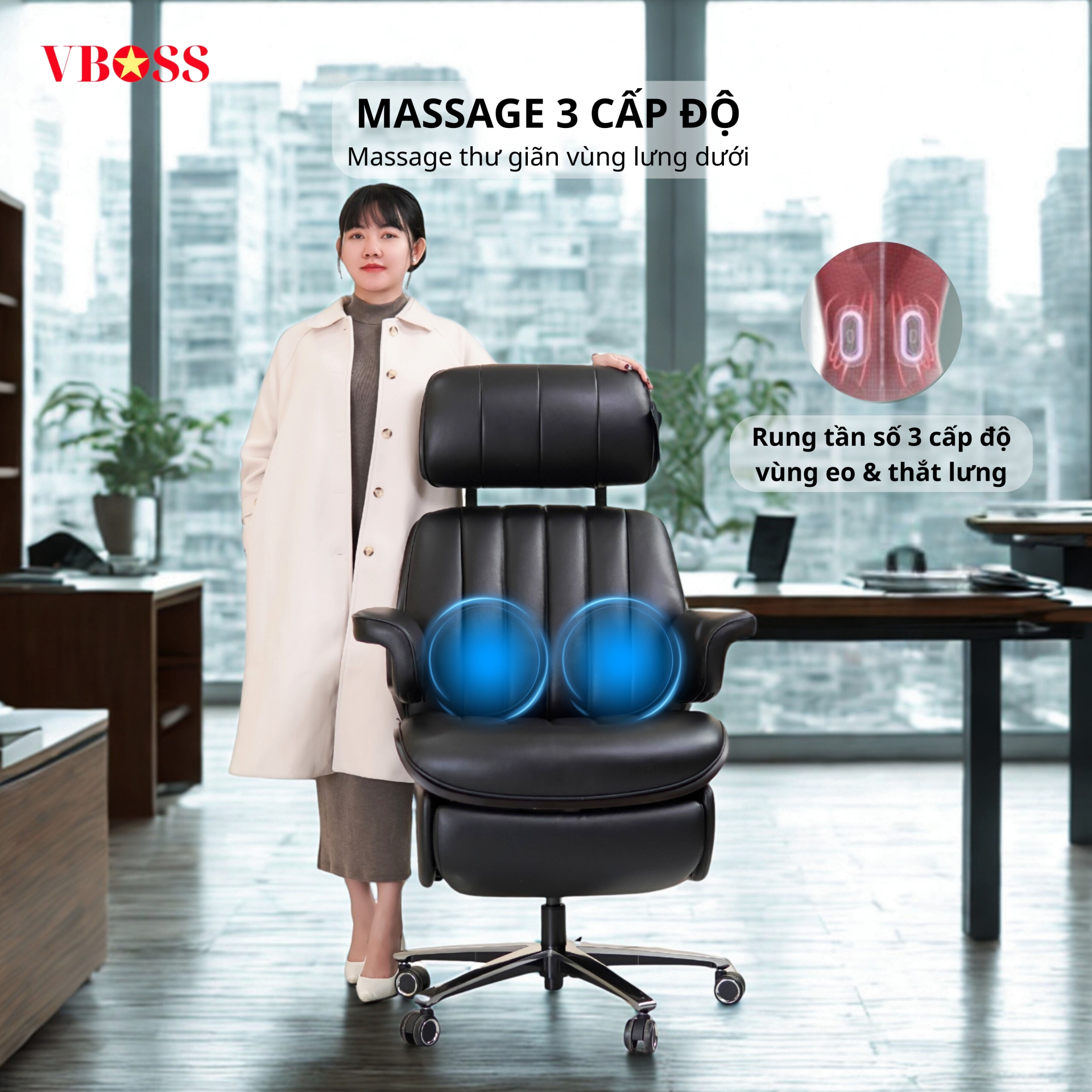 Ghế Chủ Tịch Massage da bò chỉnh điện VBOSS - V22