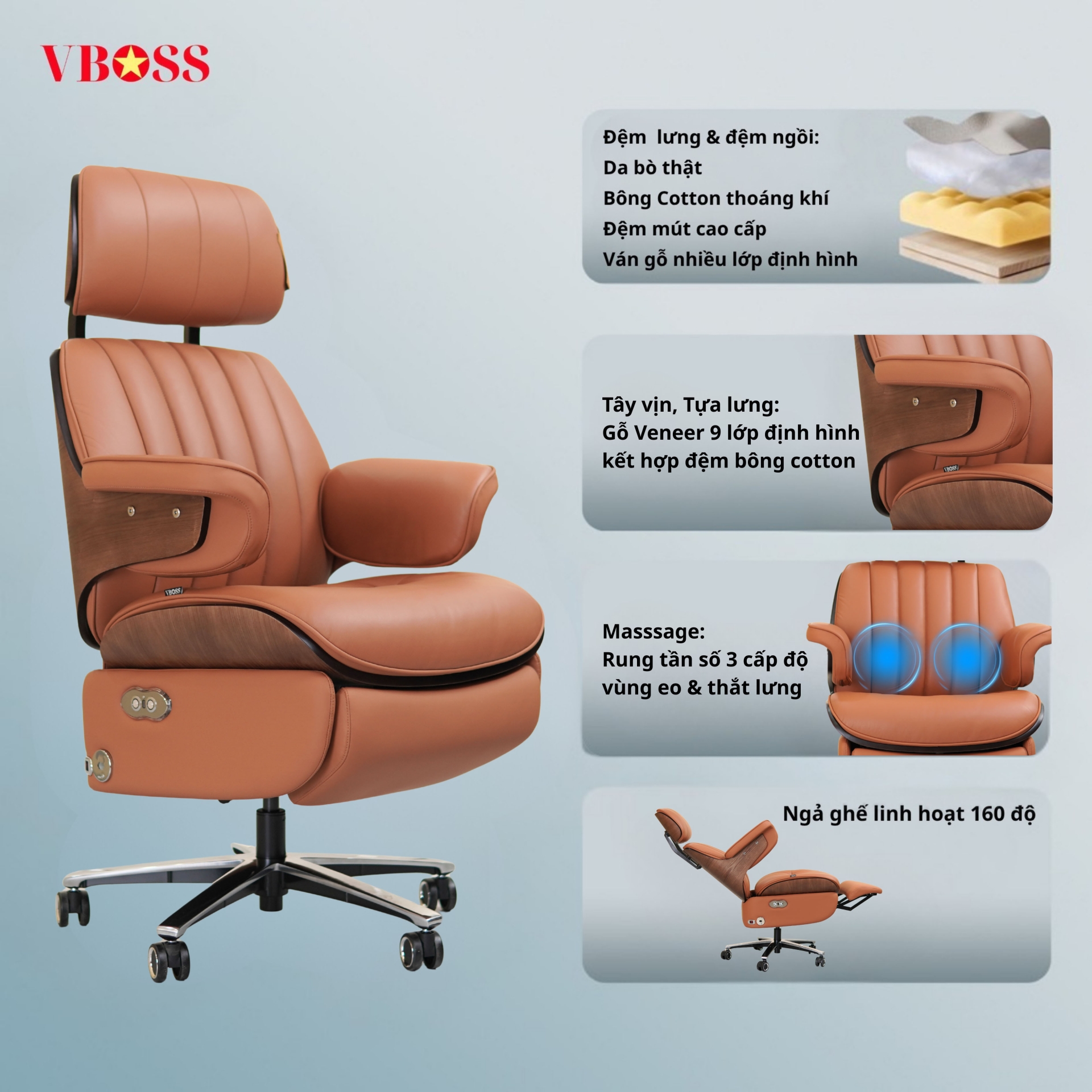 Ghế Chủ Tịch Massage da bò chỉnh điện VBOSS - V22