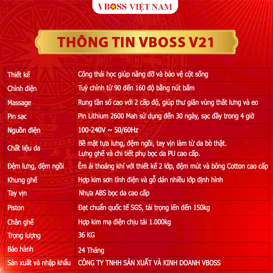 Ghế Giám Đốc da bò Massage chỉnh điện VBOSS - V21