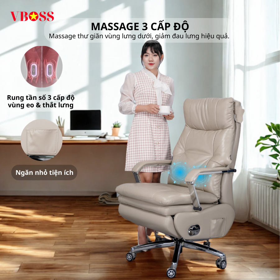 Ghế Văn Phòng da bò Massage chỉnh điện VBOSS - V15