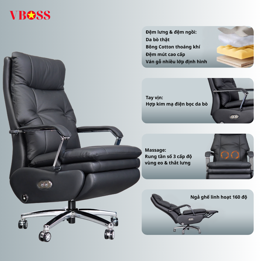 Ghế Văn Phòng da bò Massage chỉnh điện VBOSS - V15