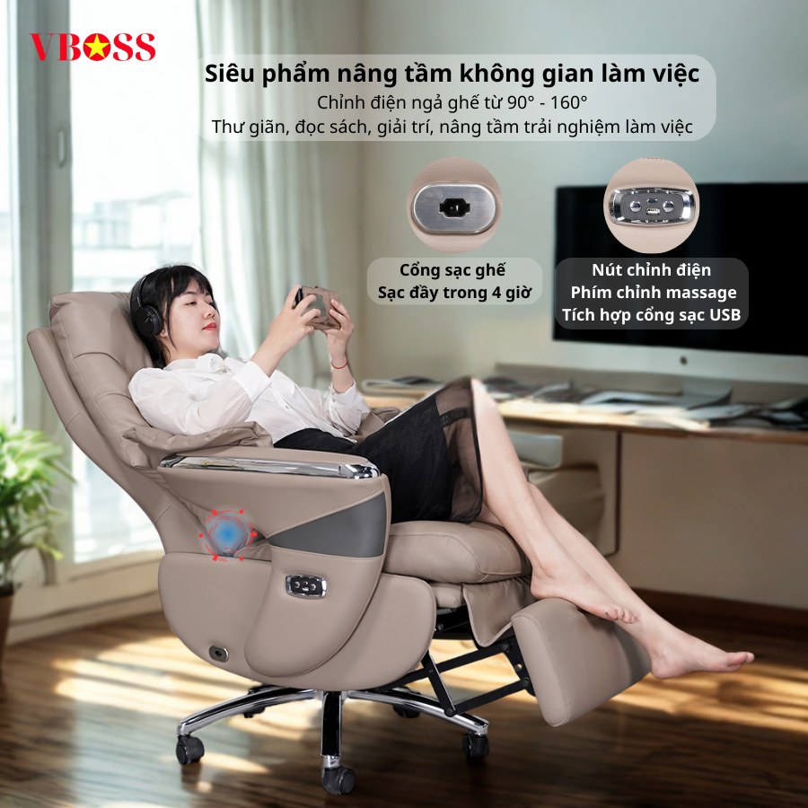 Ghế Lãnh Đạo da bò Massage chỉnh điện VBOSS - V17