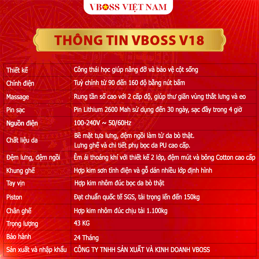Ghế Giám Đốc da bò Massage chỉnh điện VBOSS - V18